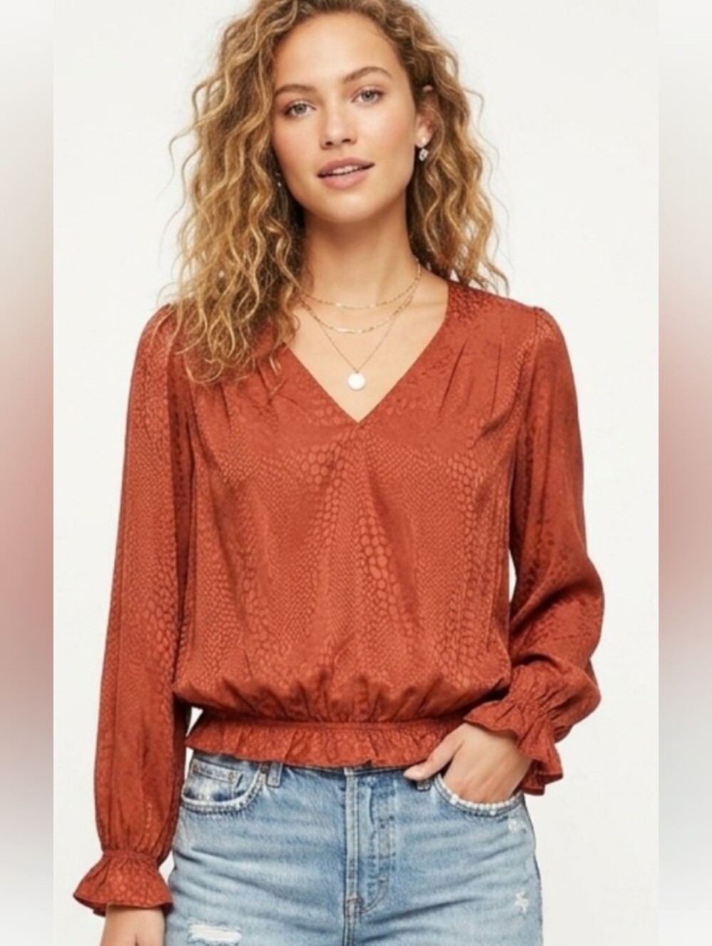 V-Neck Ruffled Top - Rust With Snake Skin Print (M)